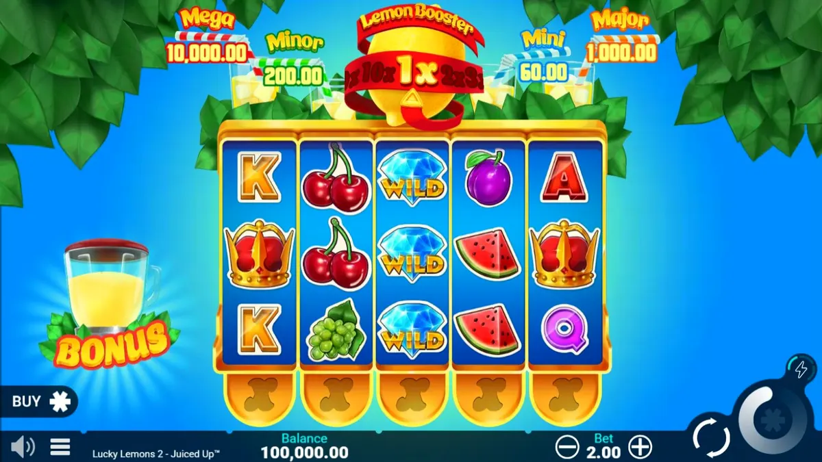 Tampilan visual slot Lucky Lemons 2 Juiced Up dengan simbol buah yang cerah dan gaya pop-art.