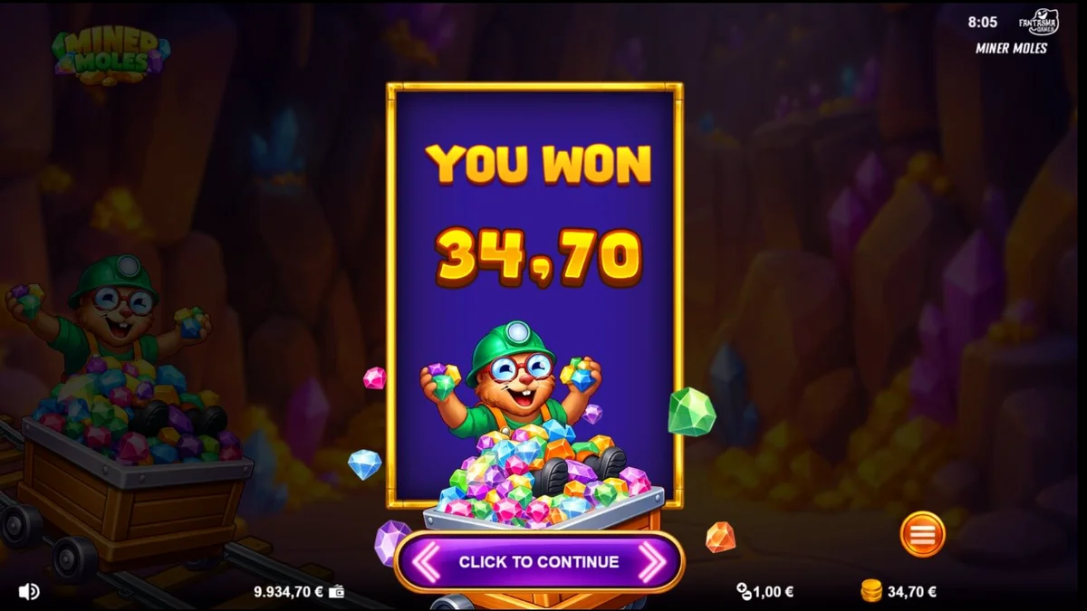 Tampilan visual slot Miner Moles dengan karakter tikus tanah dan gua kristal